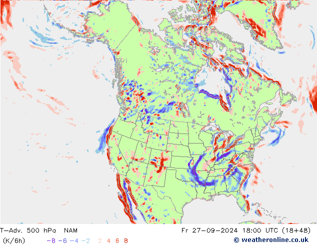 T-Adv. 500 гПа NAM пт 27.09.2024 18 UTC