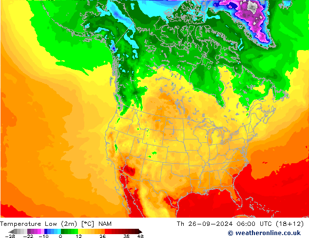 Temperatura mín. (2m) NAM jue 26.09.2024 06 UTC