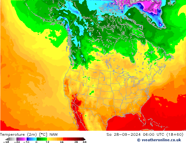 Temperatuurkaart (2m) NAM za 28.09.2024 06 UTC