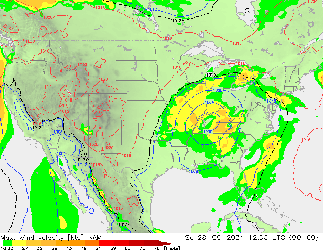 Max. wind velocity NAM sáb 28.09.2024 12 UTC