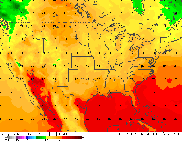 temperatura máx. (2m) NAM Qui 26.09.2024 06 UTC