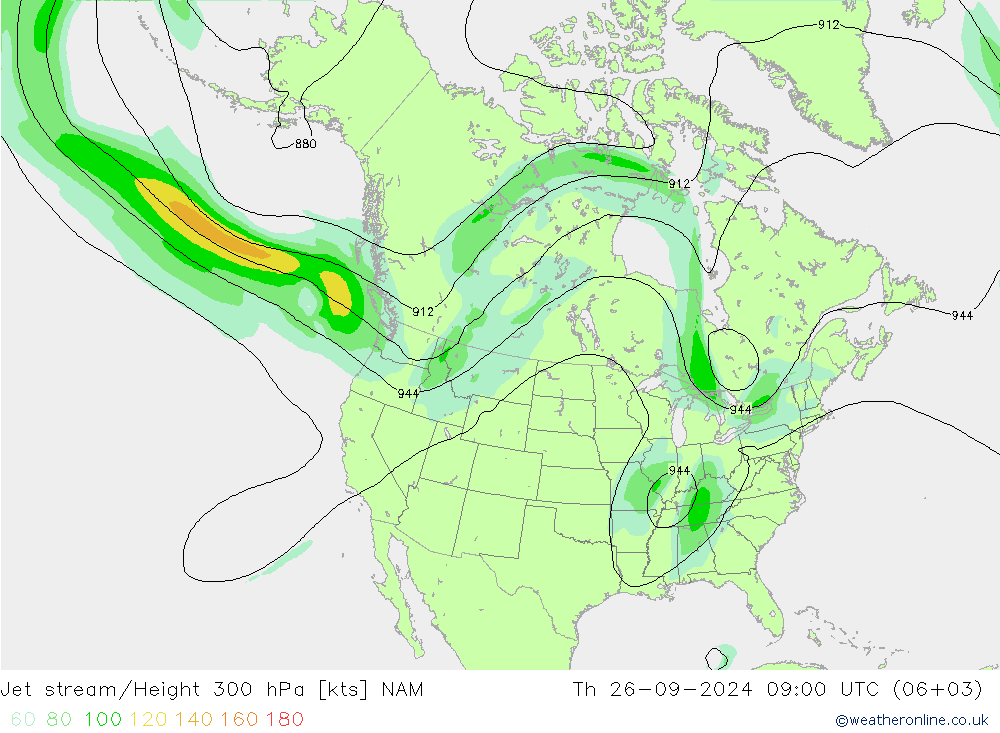 Jet stream/Height 300 hPa NAM Čt 26.09.2024 09 UTC