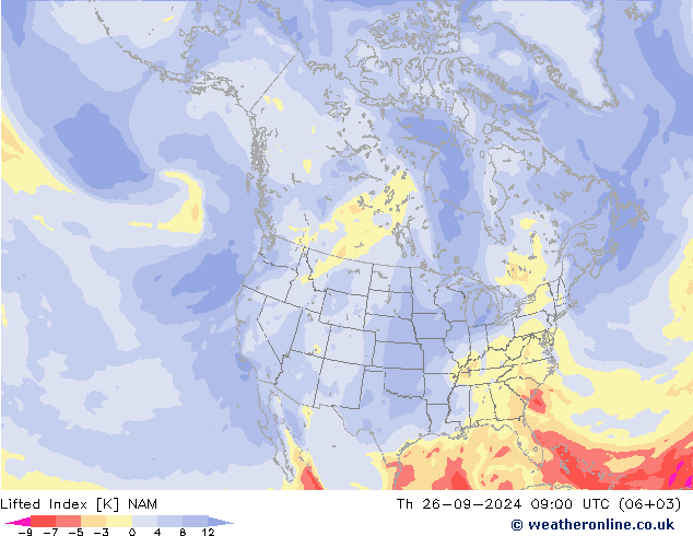 Lifted Index NAM do 26.09.2024 09 UTC