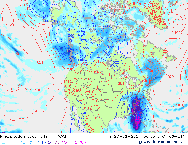 Precipitation accum. NAM Fr 27.09.2024 06 UTC