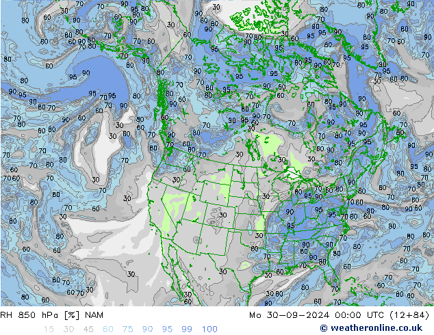 RH 850 гПа NAM пн 30.09.2024 00 UTC