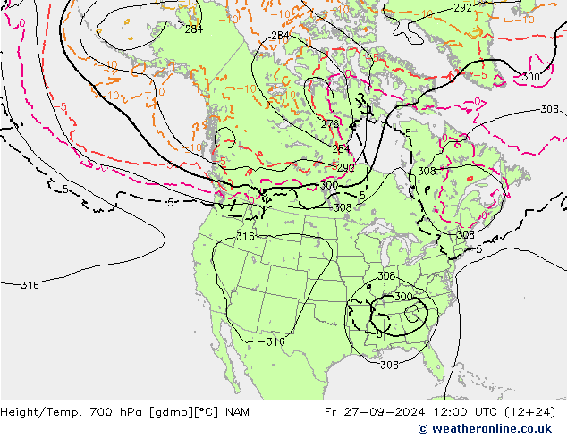 Height/Temp. 700 гПа NAM пт 27.09.2024 12 UTC