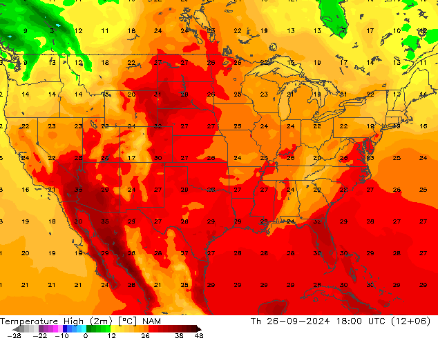 temperatura máx. (2m) NAM Qui 26.09.2024 18 UTC