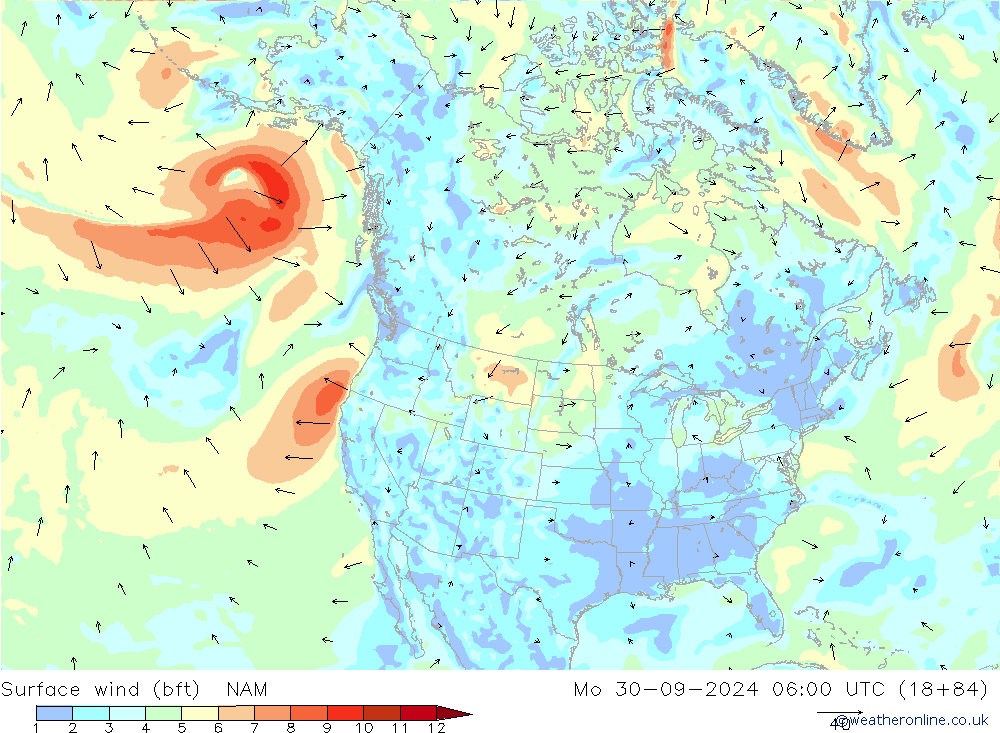 Surface wind (bft) NAM Mo 30.09.2024 06 UTC