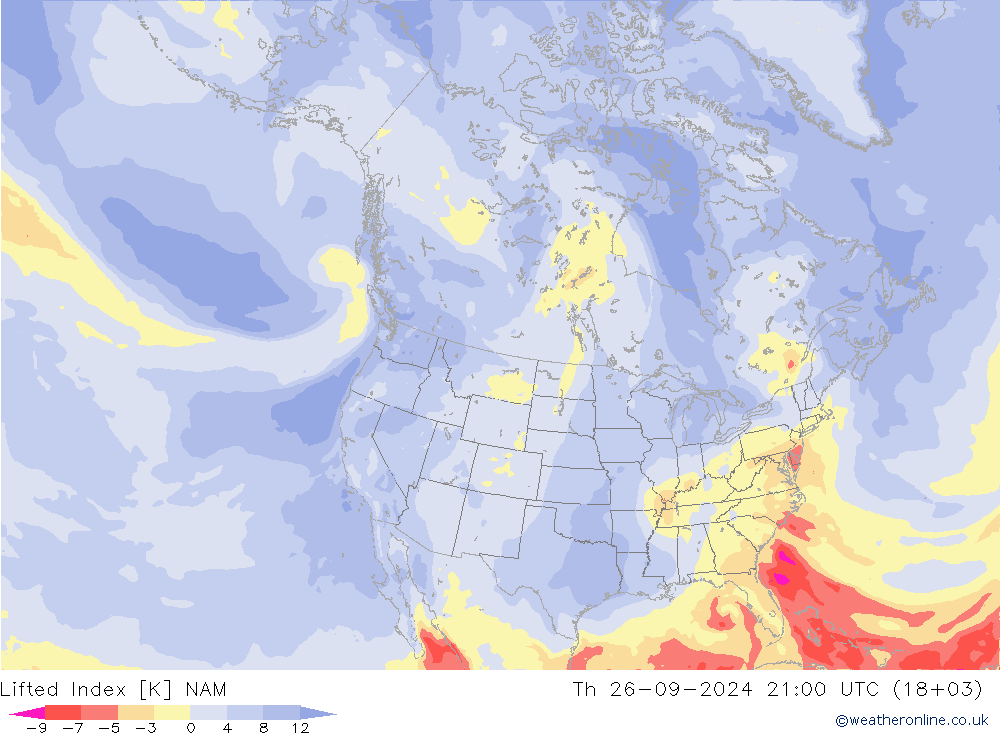 Lifted Index NAM czw. 26.09.2024 21 UTC