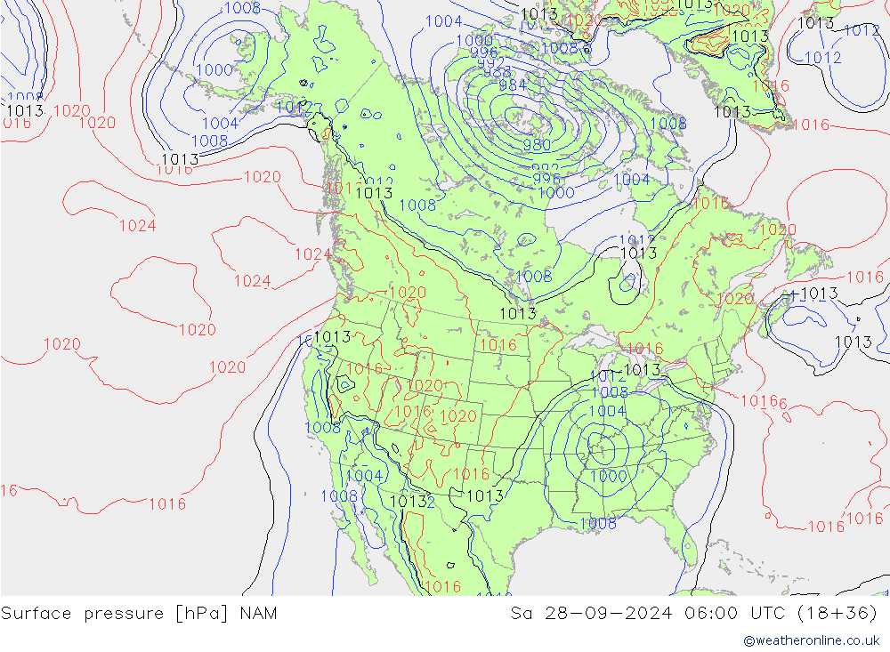 Presión superficial NAM sáb 28.09.2024 06 UTC