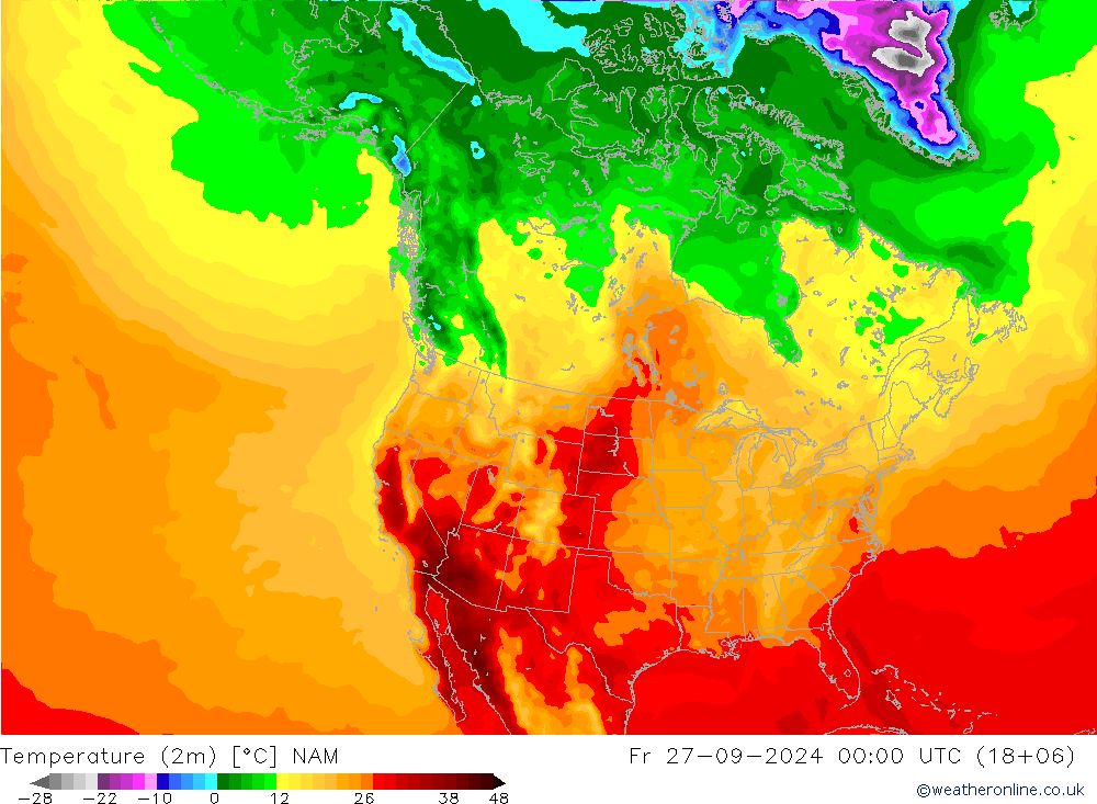 Temperatuurkaart (2m) NAM vr 27.09.2024 00 UTC