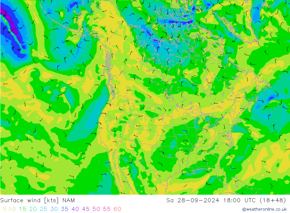 wiatr 10 m NAM so. 28.09.2024 18 UTC