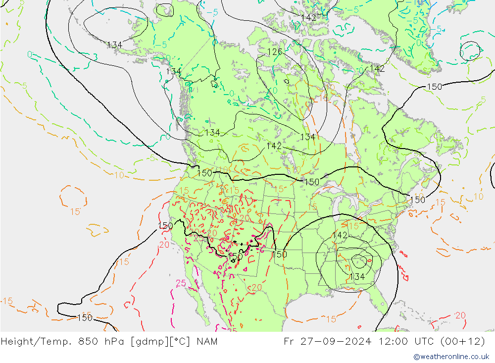 Hoogte/Temp. 850 hPa NAM vr 27.09.2024 12 UTC