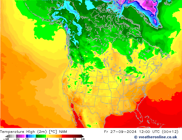 température 2m max NAM ven 27.09.2024 12 UTC