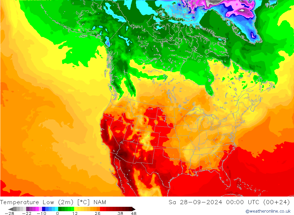 Min. Temperatura (2m) NAM so. 28.09.2024 00 UTC