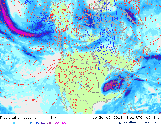 Totale neerslag NAM ma 30.09.2024 18 UTC