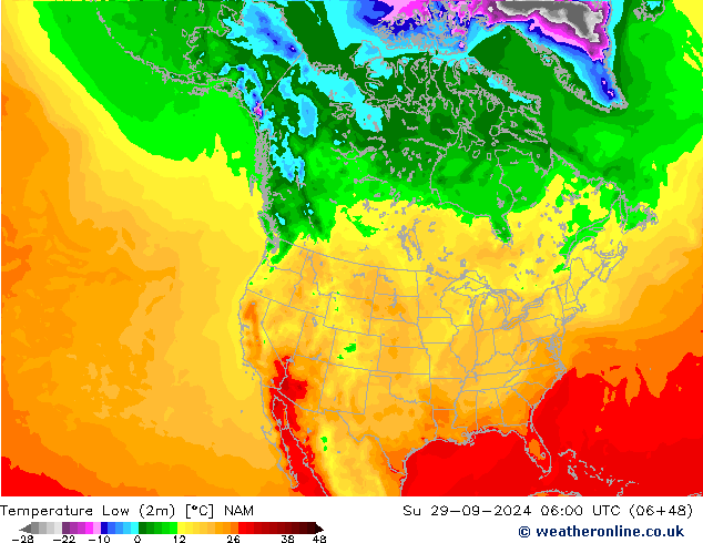 temperatura mín. (2m) NAM Dom 29.09.2024 06 UTC