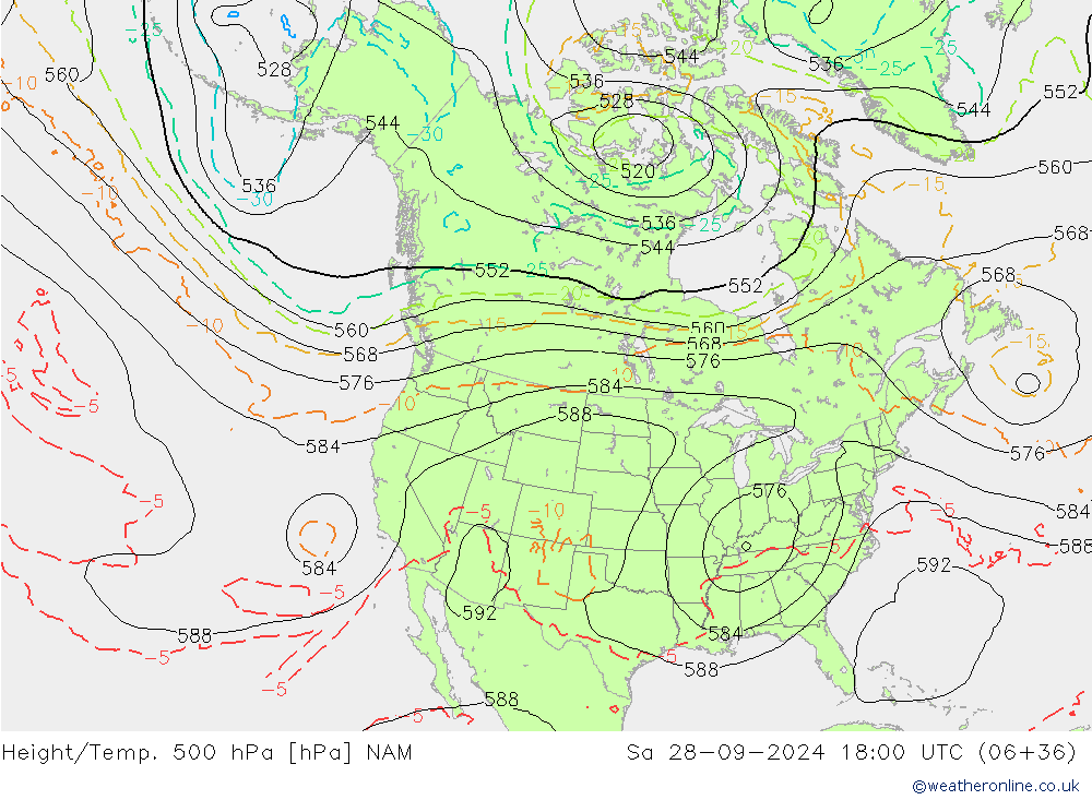 Hoogte/Temp. 500 hPa NAM za 28.09.2024 18 UTC