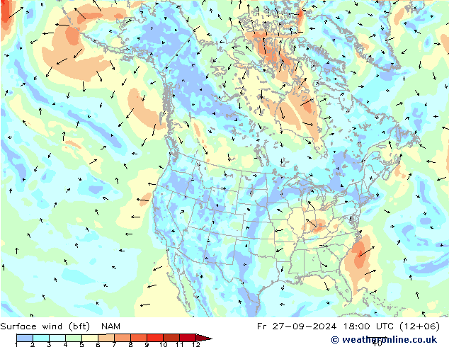 Wind 10 m (bft) NAM vr 27.09.2024 18 UTC