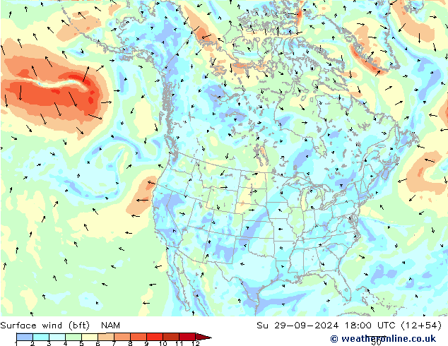 Wind 10 m (bft) NAM zo 29.09.2024 18 UTC