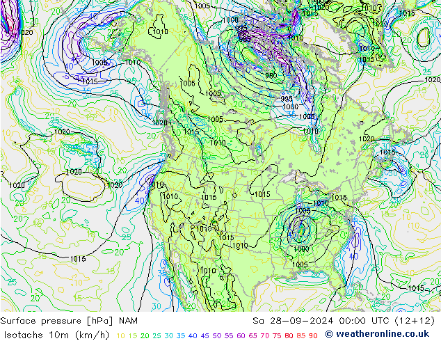 Isotachen (km/h) NAM za 28.09.2024 00 UTC