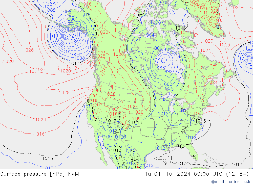 地面气压 NAM 星期二 01.10.2024 00 UTC