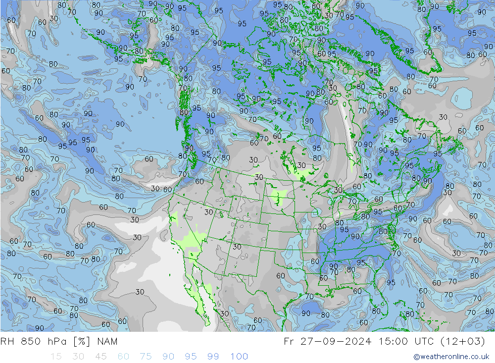 RH 850 hPa NAM 星期五 27.09.2024 15 UTC