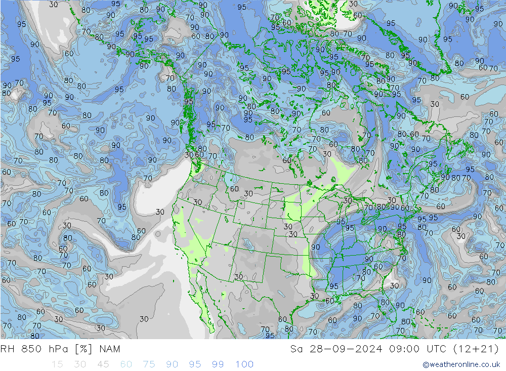 RH 850 hPa NAM 星期六 28.09.2024 09 UTC