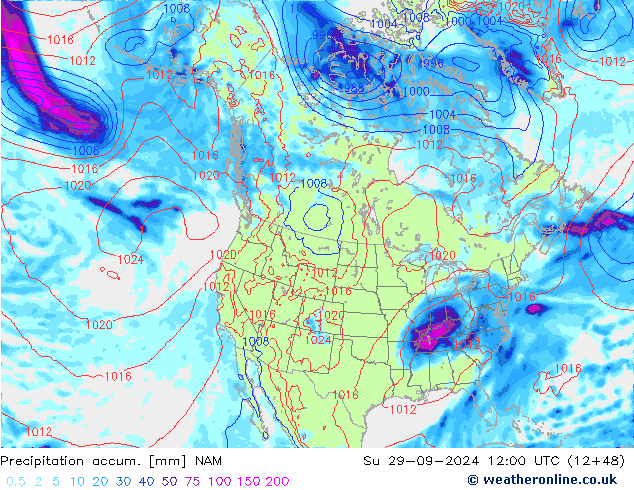 Precipitation accum. NAM 星期日 29.09.2024 12 UTC