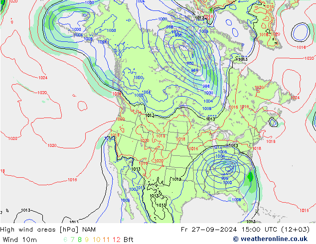 High wind areas NAM 星期五 27.09.2024 15 UTC