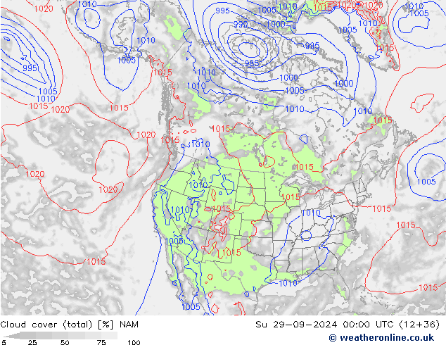 Bewolking (Totaal) NAM zo 29.09.2024 00 UTC