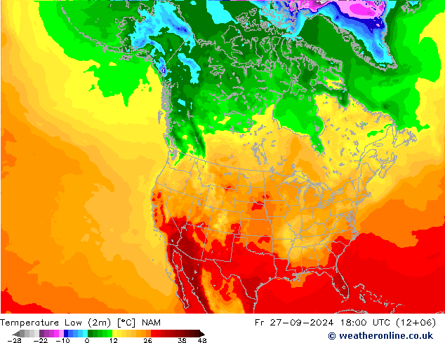 Min.temperatuur (2m) NAM vr 27.09.2024 18 UTC