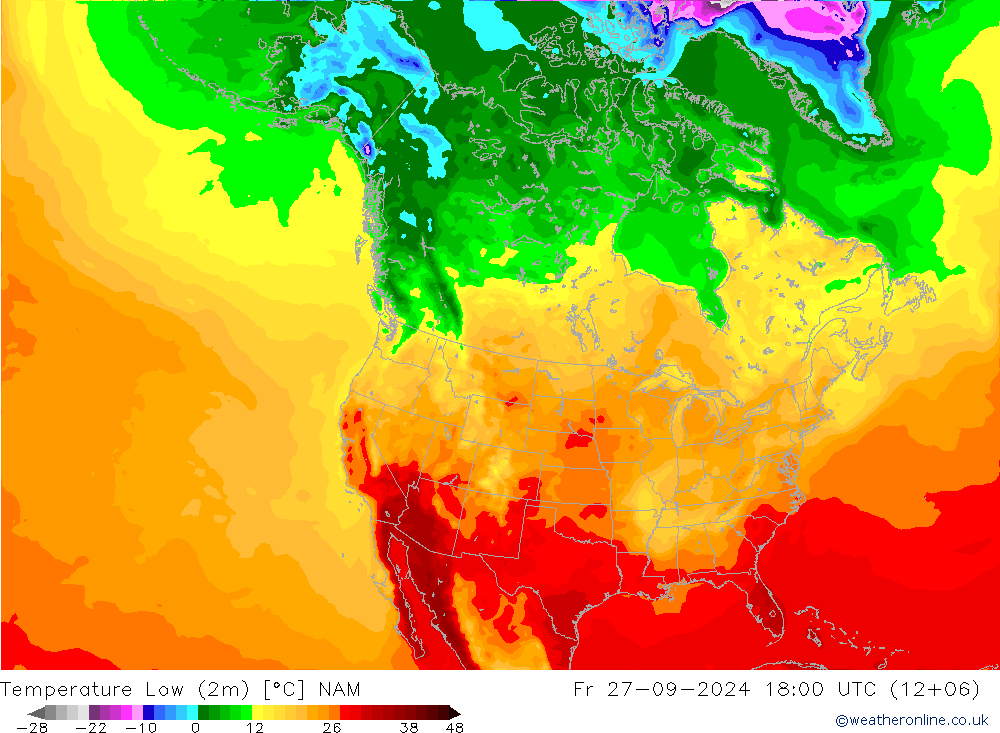 Temperature Low (2m) NAM 星期五 27.09.2024 18 UTC