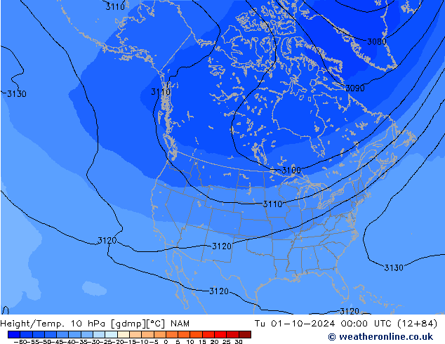 Height/Temp. 10 hPa NAM 星期二 01.10.2024 00 UTC