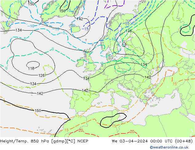 Hoogte/Temp. 850 hPa NCEP wo 03.04.2024 00 UTC
