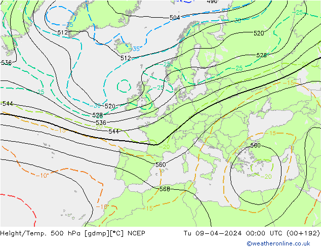 Hoogte/Temp. 500 hPa NCEP di 09.04.2024 00 UTC