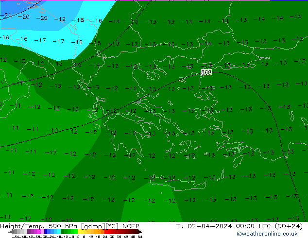 Hoogte/Temp. 500 hPa NCEP di 02.04.2024 00 UTC