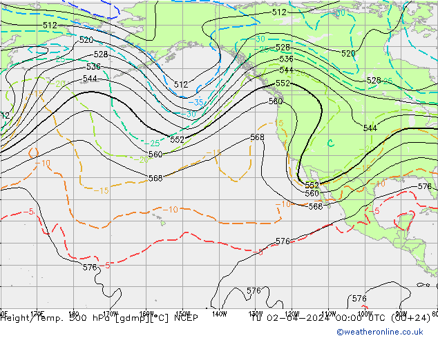 Hoogte/Temp. 500 hPa NCEP di 02.04.2024 00 UTC