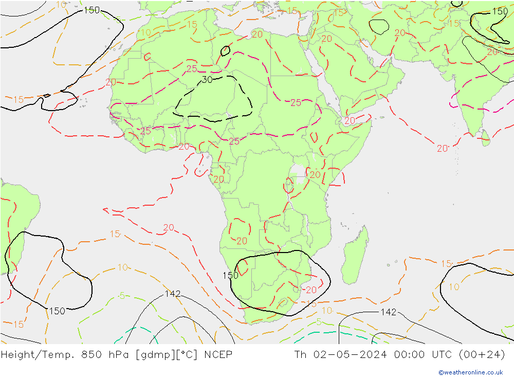 Height/Temp. 850 гПа NCEP чт 02.05.2024 00 UTC