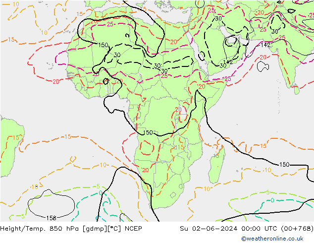 Géop./Temp. 850 hPa NCEP dim 02.06.2024 00 UTC