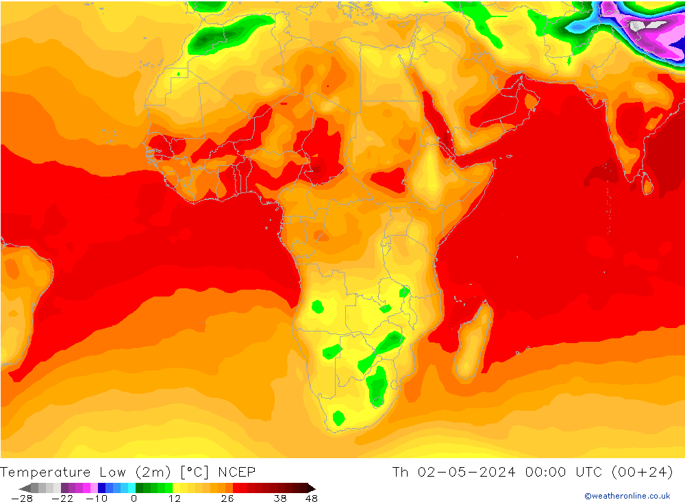 Min.temperatuur (2m) NCEP do 02.05.2024 00 UTC
