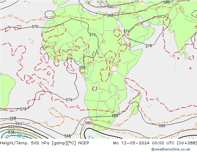 Height/Temp. 500 hPa NCEP pon. 13.05.2024 00 UTC