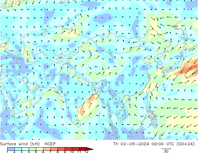 Wind 10 m (bft) NCEP do 02.05.2024 00 UTC