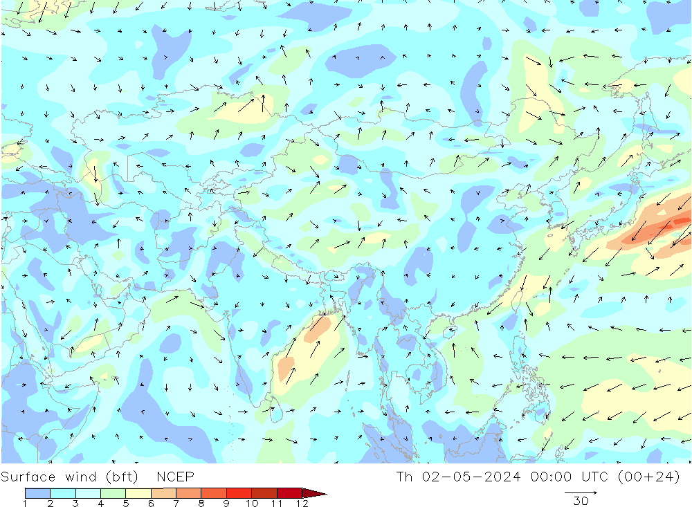 Surface wind (bft) NCEP Th 02.05.2024 00 UTC