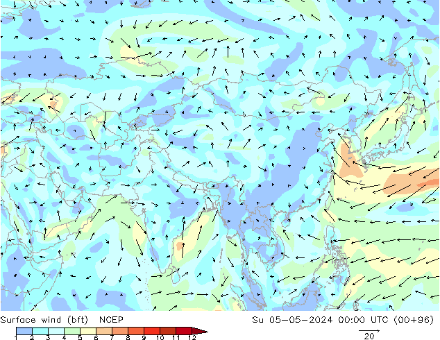 Rüzgar 10 m (bft) NCEP Paz 05.05.2024 00 UTC