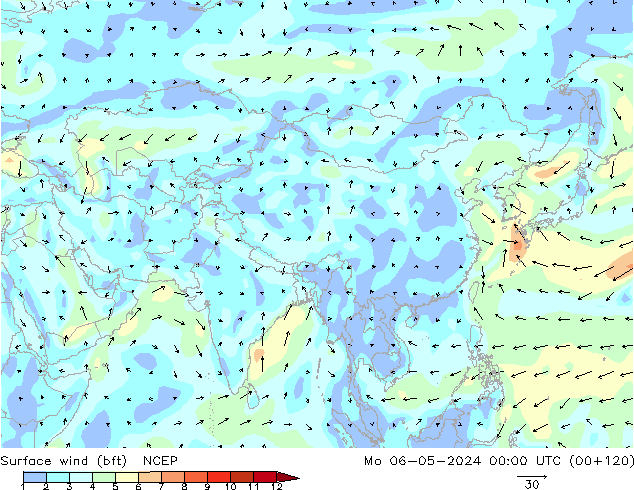 Wind 10 m (bft) NCEP ma 06.05.2024 00 UTC