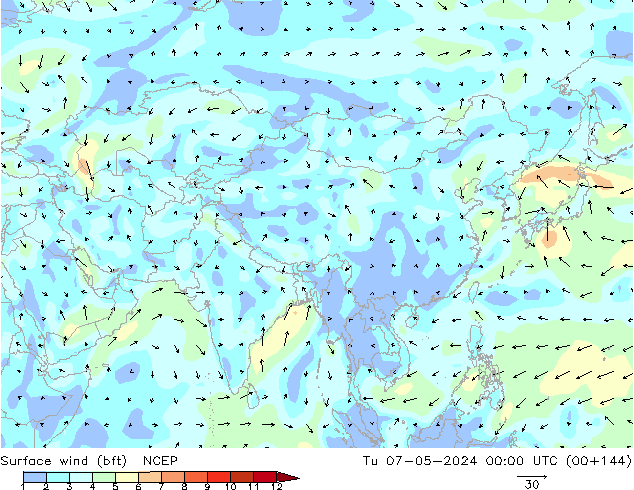 wiatr 10 m (bft) NCEP wto. 07.05.2024 00 UTC