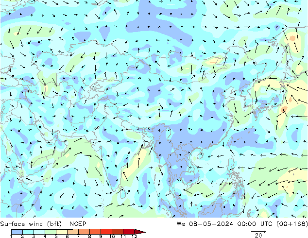 Viento 10 m (bft) NCEP mié 08.05.2024 00 UTC