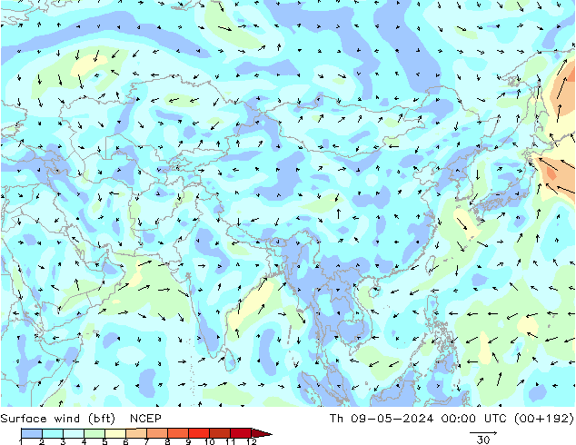 Rüzgar 10 m (bft) NCEP Per 09.05.2024 00 UTC