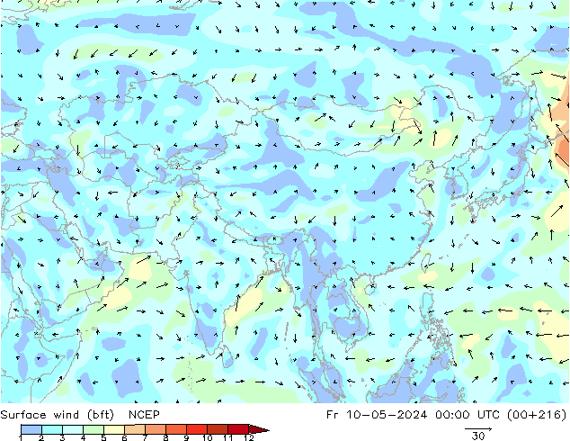 Surface wind (bft) NCEP Fr 10.05.2024 00 UTC